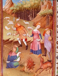 Pastýři odpočívající u ohně dřeva Miniatura převzatá z „Hodiny Eduarda I. (Duarte) z Portugalska (1391-1438)“ Lisabon z 15. století, Torre do Tombo