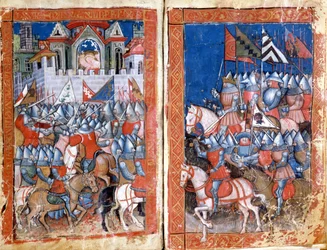 Obléhání Pamplony ve Španělsku miniaturou Karla Velikého z „Entree of Spain““. Benátky 14. století, Biblioteca Marciana.