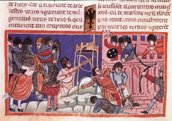 Obléhání opevněného města. Miniatura z kodexu o faktech Julese Cesara (101 př. n. l. – 44 př. n. l.) Benátky 14. století, Biblioteca marciana