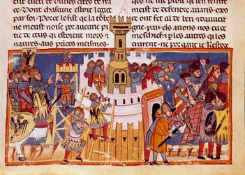 Obléhání opevněného města Miniatura převzatá z „Fakta Římanů““ vyprávějící o životě dvanácti Cesarů. Benátky 13. století, biblioteca Marciana