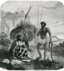 Lovci hadů v Austrálii. Rytina 1868