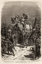 Slavnostní setkání a ruční setkání na hřbetě slona mezi týmem cestovatelů a mahárádžou z Chutterpore na veletrhu Kajraha. Rytina k ilustraci plavby Rajahů v Indii od Louise Rousseleta v letech 1864-1868, publikovaná v „“ Le