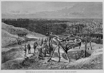 Jihoafrické diamantové doly: mlýn na štěrk tažený koňmi – v „Tour du Monde“, 2. týden 1878.