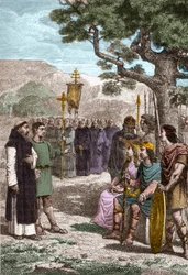 Svatý Augustin z Canterbury († 604) kázání před Ethelbertem (552? -616) anglosaským králem Kentu, kterého roku 597 pokřtil - Augustin vyslán papežem Řehořem I., aby obrátil Anglosasy na křesťanství - Zastoupení svatého Augustina z Canterbury ( d. 604),