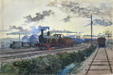 Parní lokomotiva, cca 1870 (akvarel na papíře)