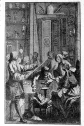 Experiment Stephena Graye (1670 - 1736) o elektrické vodivosti lidského těla. Rytina 19. století.