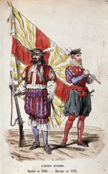 Švýcarská garda: střelec v roce 1660 a praporčík v roce 1616.