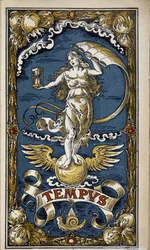 Tempus: alegorie času (ženská postava s přesýpacími hodinami, vítr, křídla), ilustrace pro kalendář 1889.