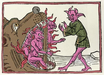 Proces s Belialem: „Démon Belial se vrací ke vchodu do podsvětí“; rytina z díla „Proces s Belialem“ od Jacoba de Terama (nebo Palladina), Augsburg