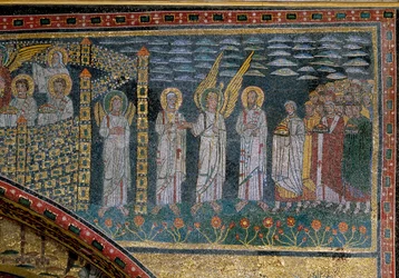 Požehnaný v čele s andělem: Detail z vítězného oblouku s Nebeským Jeruzalémem. Mozaika, počátek 9. století. S. Prassede, Řím, Itálie - Vize nebeského Jeruzaléma - vyvolení, představeni sv. Petru a sv. Pavlovi andělem, postupují k branám