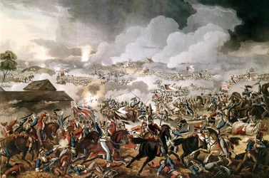 Britská armáda pod velením vévody z Wellingtonu (1769 - 1852) zvítězila 18. 6. 1815 v bitvě u Waterloo proti francouzským vojskům Napoleona I. Dobová rytina.