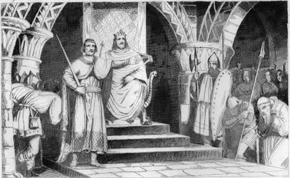 Korunovace Chilpericha II. (670-721) - Chilperich II. (670-721) je roku 715 dosazen na trůn Ragenfridem (Ragenfredem), majordomem Neustrie - Rytina z roku 1825 v „Dějinách Francie znázorněných synoptickými obrazy, věnovaných dětem Francie“
