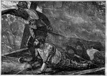 Smrt Juana z La Cosy - Smrt Juana de la Cosa (1460-1510) kartografa, dobyvatele a španělského průzkumníka v Cartageně, Kolumbie - rytina z roku 1887