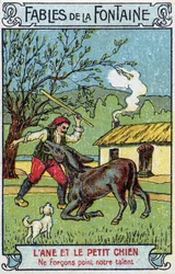 Oslík a malý pes - Bajky Jean de La Fontaine (1621-95) Chromolitografie konce 19. století Soukromá sbírka