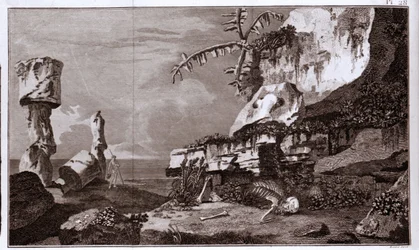 Velikonoční ostrov (Rapa Nui) v Polynésii podle „Viaggi del Capitano Cook“, rytina z 19. století.