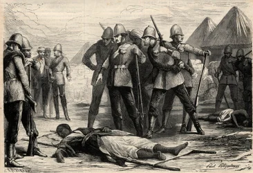 Císař (negus) Etiopie Theodoros II (Tewodros) zemřel 13. dubna 1868 po zajetí Magdaly Angličany, kam se negus stáhl. Gravírování v „“L
