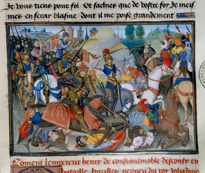 Konstantinopolský císař Jindřich I. Flanderský Hainaut (1177-1216) během bitvy. Miniatura z „“ Chronicle abregee““ od Davida Auberta