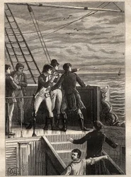 Výprava do jižních zemí (1800-1803) od Nicolase Baudina (1754-1803): námořníci z New Holland (Austrálie) hlásí závoj na obzoru - ilustrace převzatá z „Velkých námořníků 18. století“