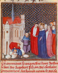 Francouzský král Dagobert I. (603/608-639) z dynastie Merovejců dohlížející na stavbu miniaturní budovy z „“ Les grandes Chronicles de France“ nebo „“ Les Chronicles de Saint Denis““ Chantilly ze 14. století, Musee Conde