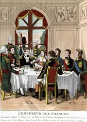 Francouzský císař Napoleon I. v Tilssitu přijímající ruského císaře prince Konstantina, pruského krále, jeho manželku prince Jindřicha a velkovévodu z Bertu, připíjí na zdraví pruské královny. Rytina z počátku 19. století