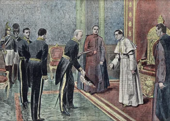 Francouzský velvyslanec Jonnart při předávání pověřovacích listin papeži Benediktu XV (1914-1922) Ilustrace z časopisu "Le pelerin", červen 1921.