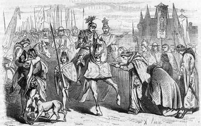 Francouzi šli do Bordeaux 23. června 1451 pod vedením Karla VII., což byl konec reconquisty proti Angličanům. Rytina 19. století.