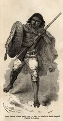 Hra, neboli statečný má tři vlasy, habešský voják. Rytina pro ilustraci cesty do Habeše, v roce 1862 od Guillauma Lejeana, v „Le tour du monde, nouveau journal des voyages““ vydaném pod vedením Edouarda Chartona