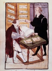 Německý bankéř Jacob Fugger (1459-1525) ve své kanceláři (Goldene Schreibstube) se svým německým účetním Matthausem Schwarzem (1497-kolem 1574) Akvarel 16. stol. BN, Paříž