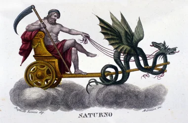 Bůh Saturn (nebo Kronos) na voze taženém dvěma draky. Podle ilustrace Raffaella Sanzia. Rytina z 19. století.