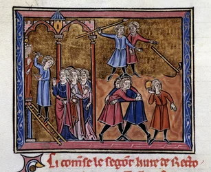 Řecký umělec Zeuxis (5. století př. n. l.) vyřezává sochu Juno před mladými muži hrajícími a zápasícími s miniaturou z rukopisu „Rétorika“ Marca Tullia Cicerona (106–43 př. n. l.) přeloženého Janem z Antiochie