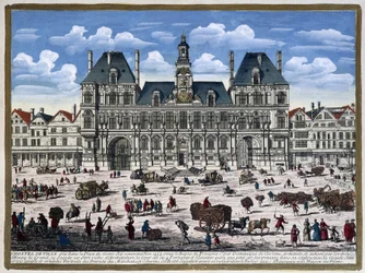 Hôtel de Ville de Paris a jeho náměstí v 16. století - rytina