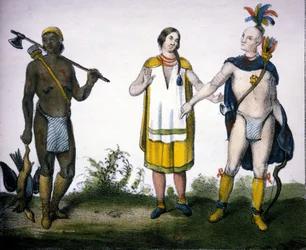 Indiáni z Kanady: lovec (Acadian), žena a válečník. litografie „Univerzální galerie všech národů světa“, Milán