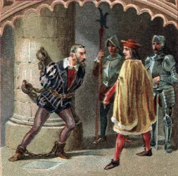 Francouzský král Ludvík XII. nechává Ludovica Marii Sforzu, zvaného Maur (Ludovico Maria Sforza detto il Moro) (1452-1508), uvěznit na zámku Loches v Touraine. Chromolitografie z konce 19. století.