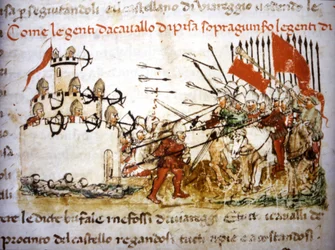 Pisaňští rytíři porazili roku 1397 pěchotu Luccy - v „Croniche del Sercambi“, kolem roku 1400. Státní archiv, Lucca.
