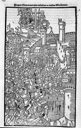 Rhodští rytíři (Řád johanitů sv. Jana Jeruzalémského) útočící na Rhode Island v „“Rhodiorum Historia““ od Guilelmuse Caorsina, Ulmae, Joh. Reger 24. října