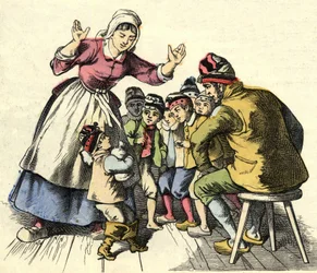 Malý Poulet a jeho bratři jdou domů ke svým rodičům. Ilustrace příběhu „Le Petit Poucet““ od Charlese Perraulta