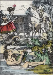 Markýz de Carabas předstírá, že se topí, zatímco kočka volá o pomoc. Ilustrace příběhu „The cat botte“ od Charlese Perraulta