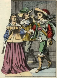 Markýz z Carabasu, princezna a král na zámku. Ilustrace příběhu „The cat botte“ od Charlese Perraulta