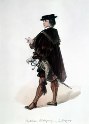 Mistři pěvci norimberští (Die Meistersinger von Nürnberg), opera vytvořil Richard Wagner: kostým Walther von Stolzing pro první představení. Wagnerovo muzeum Bayreuth.