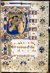 Narození Krista zobrazené v chórové knize ze 14. století. Milán, Biblioteca Nazionale Braidense.