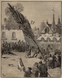 Plantáž stromu svobody během revoluce (Liberty pole) - Plantáž stromu svobody (topol) ve Francii. Rytina z roku 1885 v „“Les arts et metiers illustres““ od Adolphe BITARDA.