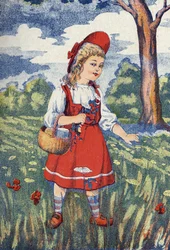 Červená karkulka má květiny. Ilustrace k „“Červené karkulce“, příběhu Charlese Perraulta (1628-1703), francouzského spisovatele. Anonymní ilustrace. Snímky Marcel Vagne, Jarville Nancy, nedatováno (konec 19. století).