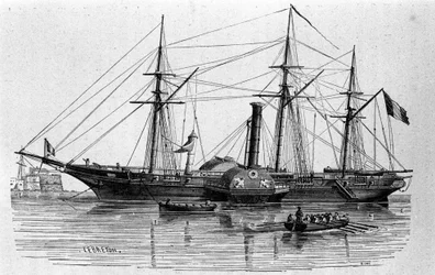 Sfinga, první parník francouzského námořnictva postavený v roce 1830. Rytina z 19. století.