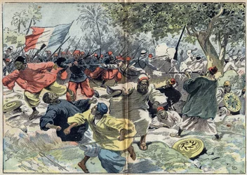 Súdánské jednotky Samory Toure (cca 1835-1900) byly umístěny za břehy řeky Cavalby francouzskou kolonií pod velením poručíka Walfela. Súdán, 9. září 1898. Ilustrace v „“Le Pelerin““ z 9. října