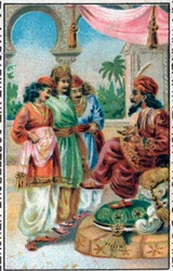 Sultán a jeho synové. Historie prince Ahmeda a poplatek Paris-Banou (Pari Banou) (Paribanu). Pohádka 1001 nocí (pohádky tisíce a jedné noci). Chromolitografie konce 19. století.