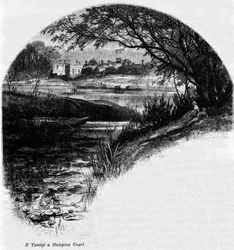 Temže v Hampton Court: Palác Hampton Court, bývalé sídlo anglického krále Jindřicha VIII. Rytina 19. století.
