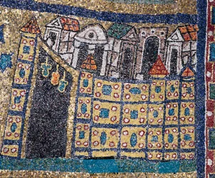 Vize nebeského Jeruzaléma: detail Jeruzaléma znázorněný v opevněné citaci. Mozaika kolem roku 830. Triumfální oblouk baziliky Santa Prassede, Řím