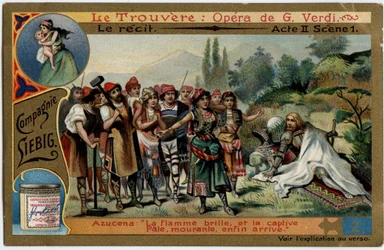 Scéna II. dějství 1. Ilustrace k opeře „“ The find““ (Trovatore) od Giuseppe Verdiho (1813-1901). Chromolitografie (Chromo) Liebig z konce 19. století.