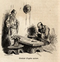 Sekáč po přírodě. Rytina k ilustraci plavby do Japonska v letech 1863-1864 od Aime Humberta, ministra Švýcarské konfederace, v „Le tour du monde, nouveau journal des voyages“, vydaném pod vedením Edouarda Chartona