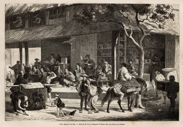 Animace domu a aktivity na ulici. Rytina pro ilustraci plavby do Japonska v letech 1863-1864 od Aime Humberta, ministra Švýcarské konfederace, v „“Le tour du monde, nouveau journal des voyages““ vydaném pod vedením